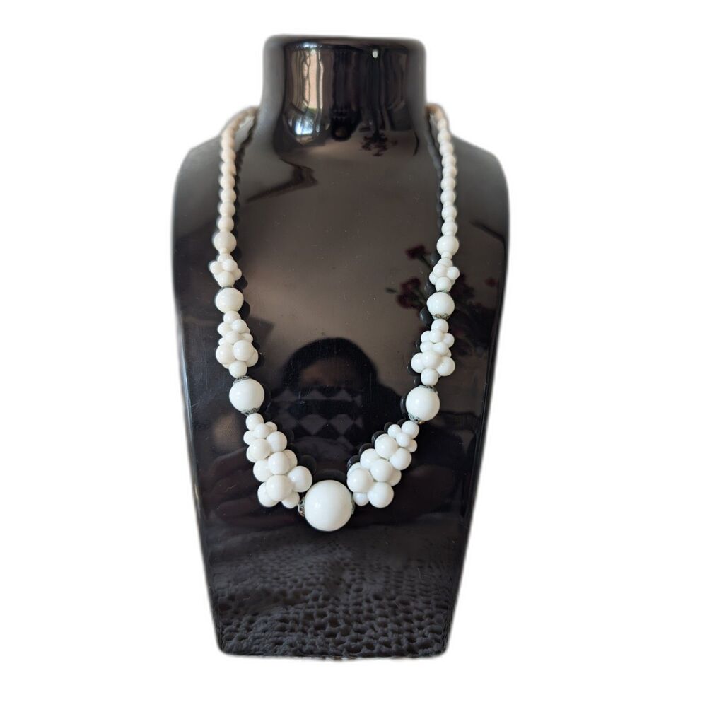 Vintage 1950s White Milk Glass Cluster Necklace Mid Century Popcorn Bead Choker